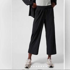 Athleta Avenue black cropped wide leg pants with side panel detail, 2